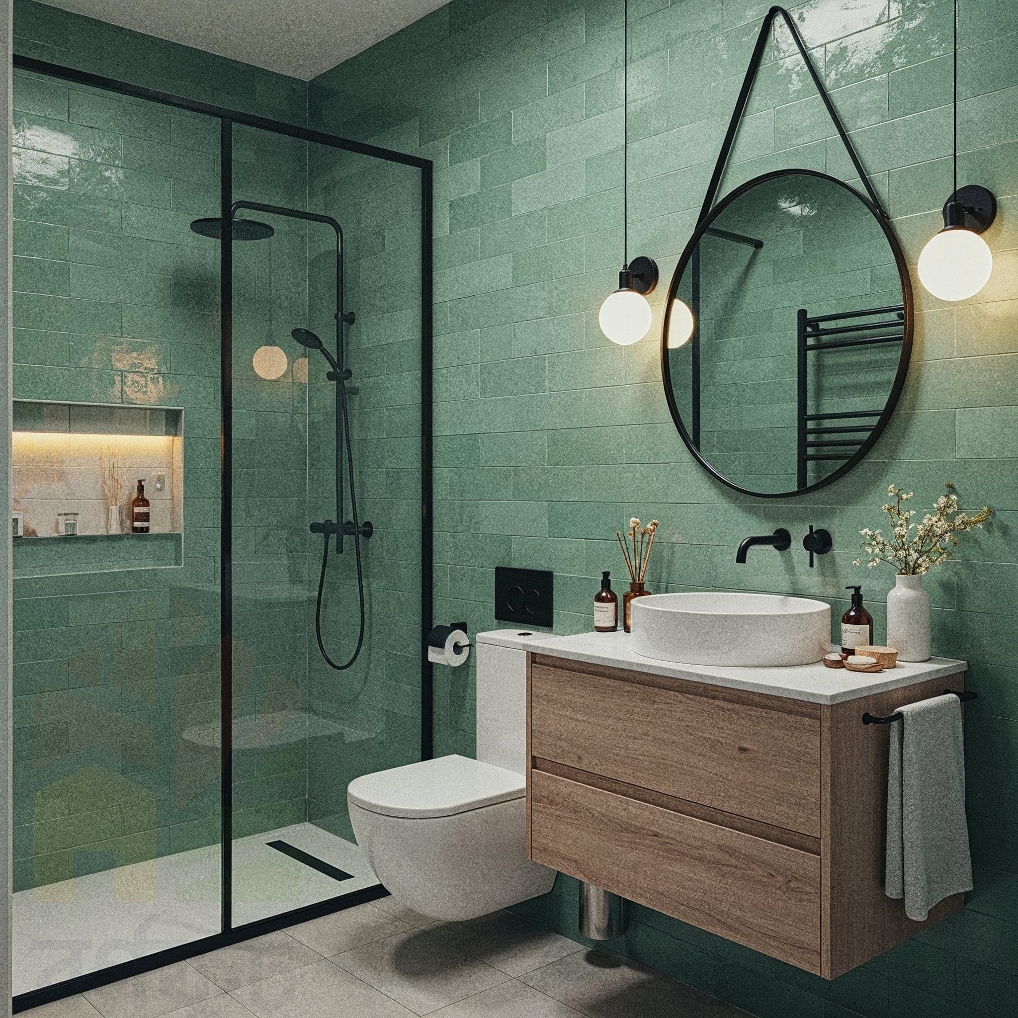 A modern and minimalist bathroom with light gray tiles on the walls and floor. A floating vanity has a ribbed, pale green front and a white countertop with a round vessel sink. A large round mirror hangs above the sink. A large potted plant sits on the counter. A walk-in shower with a glass partition is visible to the right. Two floating wooden shelves on the wall hold towels and plants.