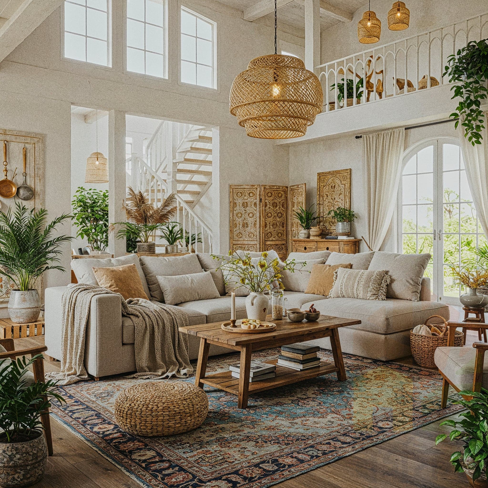 A large, airy living room with high ceilings, exposed white beams, and a grand spiral staircase leading to a balcony. A large, beige sectional sofa with various pillows and a throw blanket is placed on a large, patterned rug. In the center, there is a rustic wooden coffee table. A huge, round rattan pendant light hangs from the ceiling, and several potted plants are placed around the room, including a tall one in a woven basket.