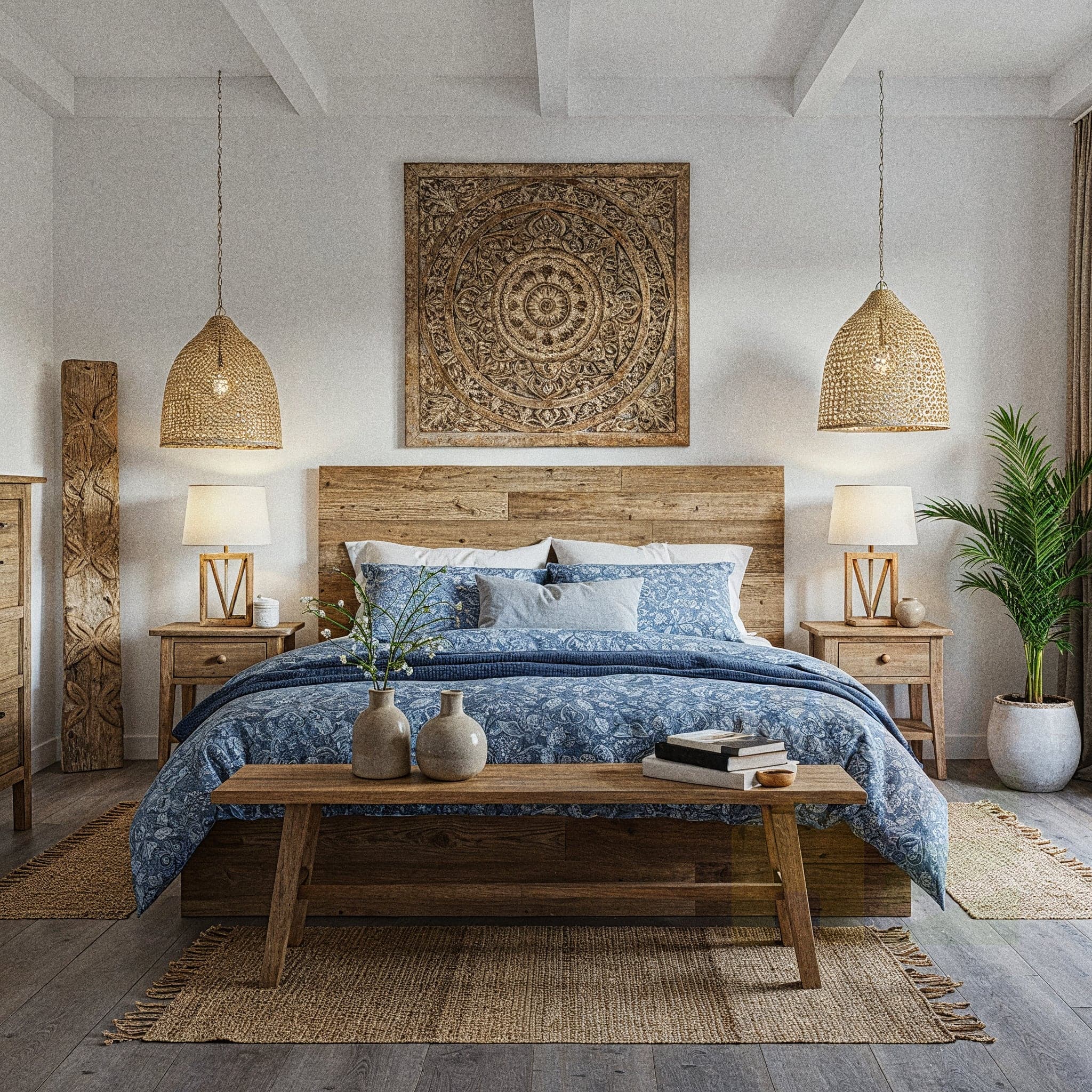 A rustic Mediterranean bedroom with a blue distressed wrought iron bed frame. The walls have a textured, two-tone finish in distressed rust and green. There is matching blue distressed furniture, including a dresser with a mirror, a wardrobe, and a nightstand. A vintage chandelier hangs from the wooden ceiling beams. A light green and pink patterned rug is on the terracotta tile floor.