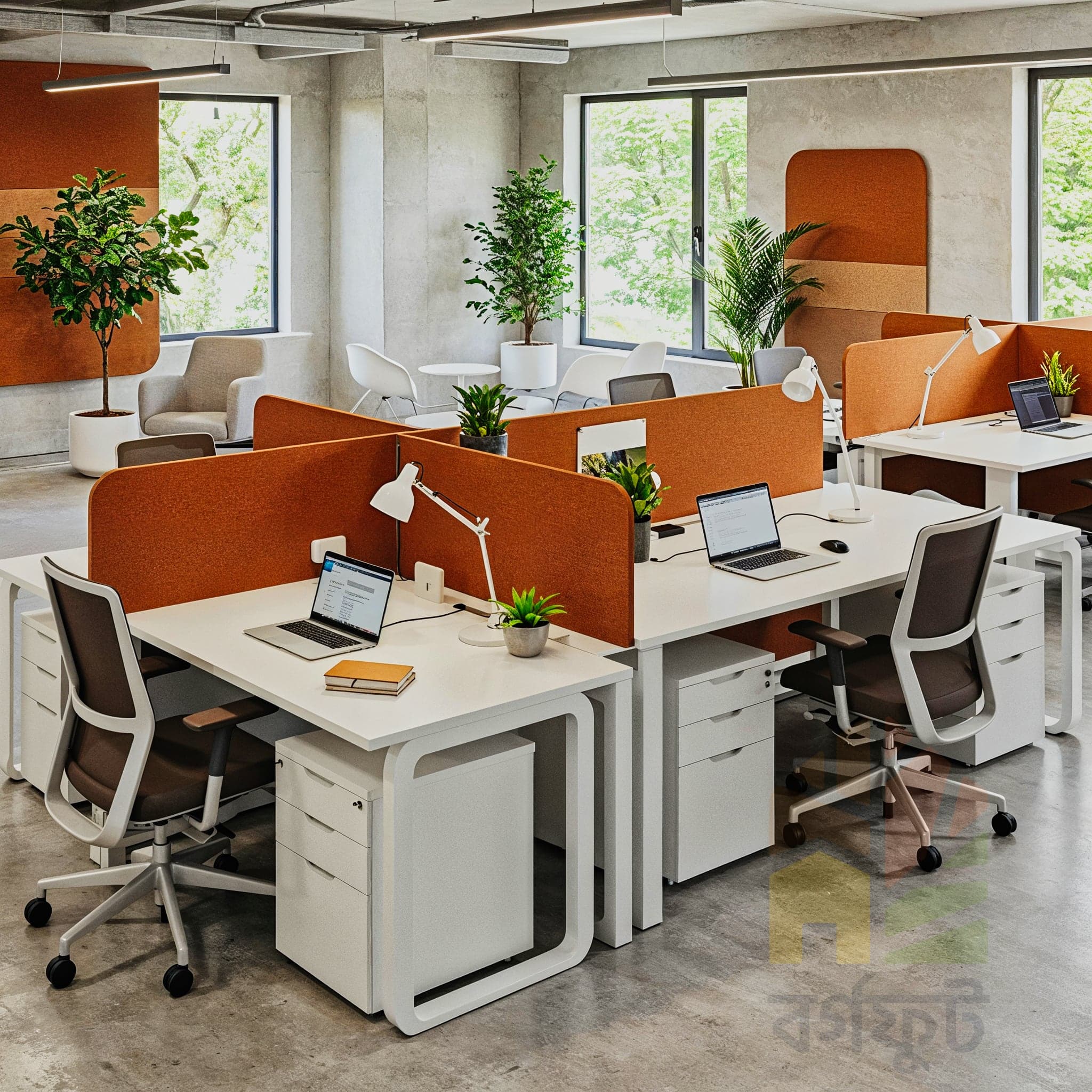 A wide-angle image of a modern loft office. The space features a high, vaulted wooden ceiling with exposed beams and ductwork. Light wood desks with white filing cabinets are arranged in a row. A large wooden shelving unit, filled with books and potted plants, acts as a room divider. A kitchen area with a white and light wood counter is visible in the background. A wooden mezzanine level with more desks and plants is visible above.