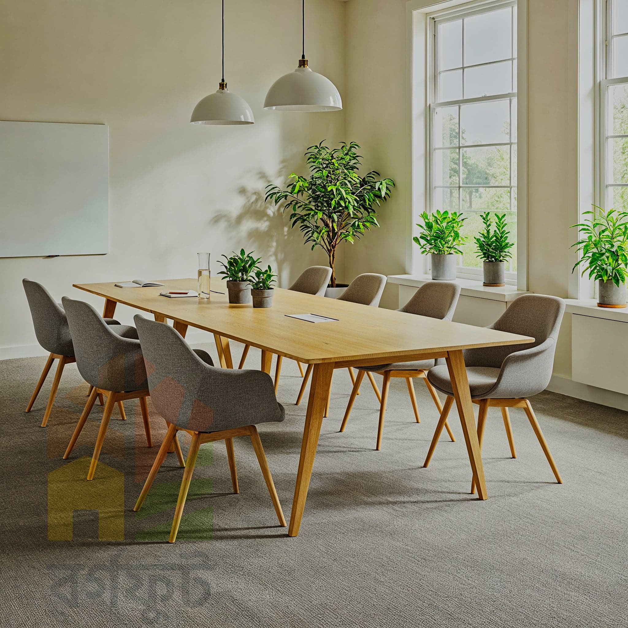 A large, modern office with a warm, inviting atmosphere. The space features wooden parquet flooring with large, patterned red rugs. Open-plan wooden desks with orange fabric partitions and black chairs are arranged in rows.