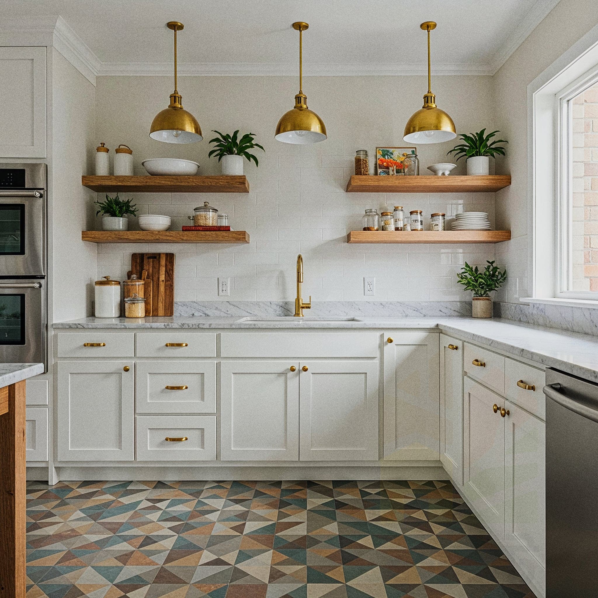A heartwarming kitchen with a Farmhouse Charming design, featuring distressed wooden cabinets with glass doors, a butcher block countertop with a bread box, and a vintage gas stove. The room includes open shelves with mason jars and dried herbs, a hanging rack with cast iron skillets, and warm pendant lights with fabric shades. Large windows with sheer curtains allow natural light to enhance the dark wooden floor and cream walls, creating a cozy and inviting cooking atmosphere.