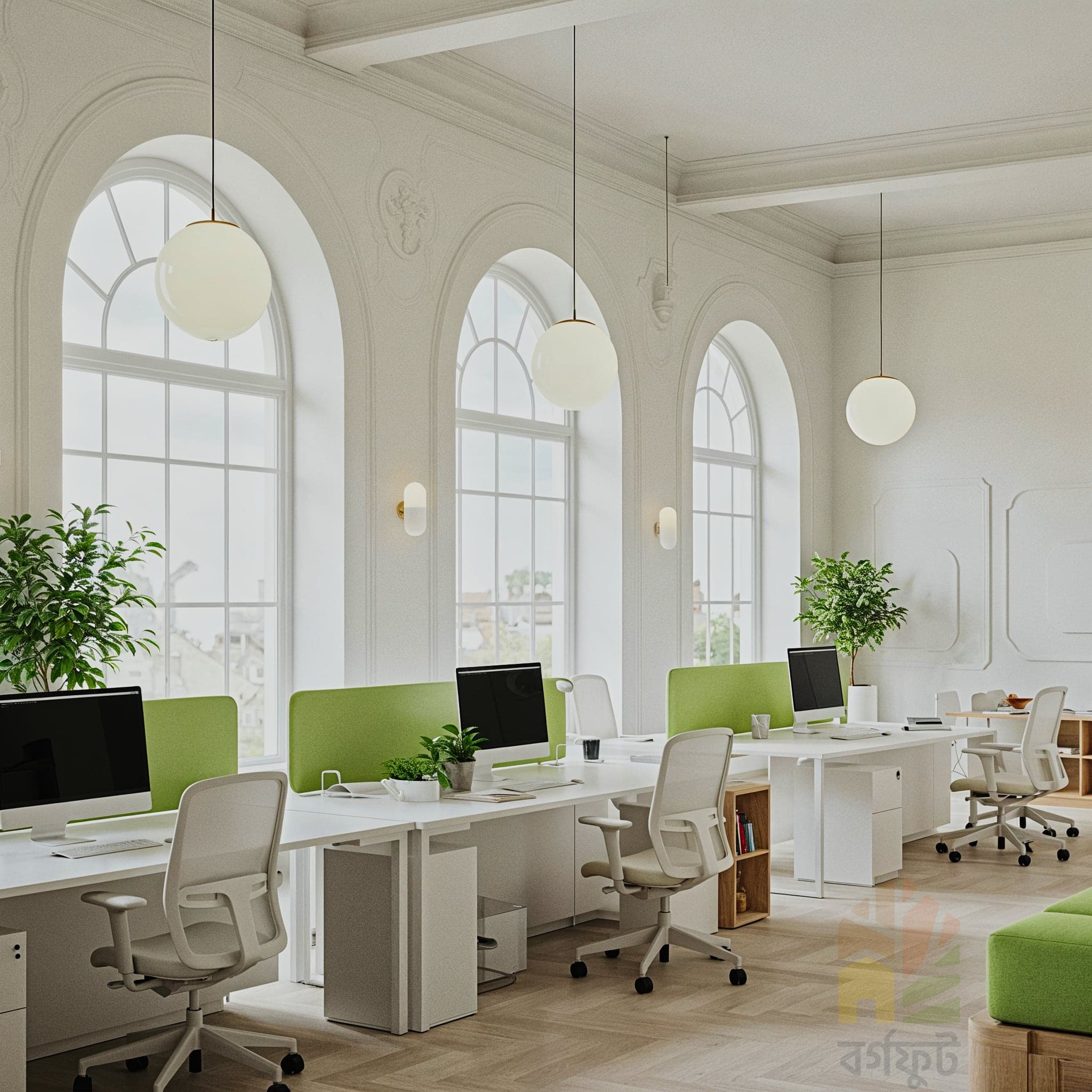 A candid, eye-level image of a modern office interior. The space features a long white desk with beige office chairs and computers on top. Potted plants, including two large banana tree plants, are placed on the desk and on the floor. One wall is exposed brick, while the other is white.