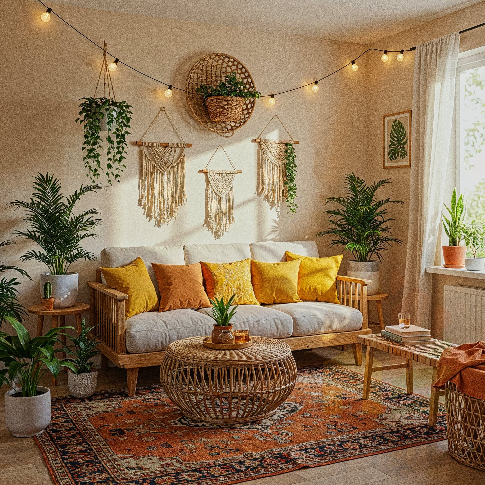 A sun-filled living room with white walls and large windows. A bright yellow sofa with colorful patterned pillows sits on a vibrant Persian-style rug. A large, round woven pendant light hangs from the ceiling. A distressed wooden coffee table is in the center, and a beige, tufted accent chair is on the right. Large green potted plants are placed on both sides of the sofa.