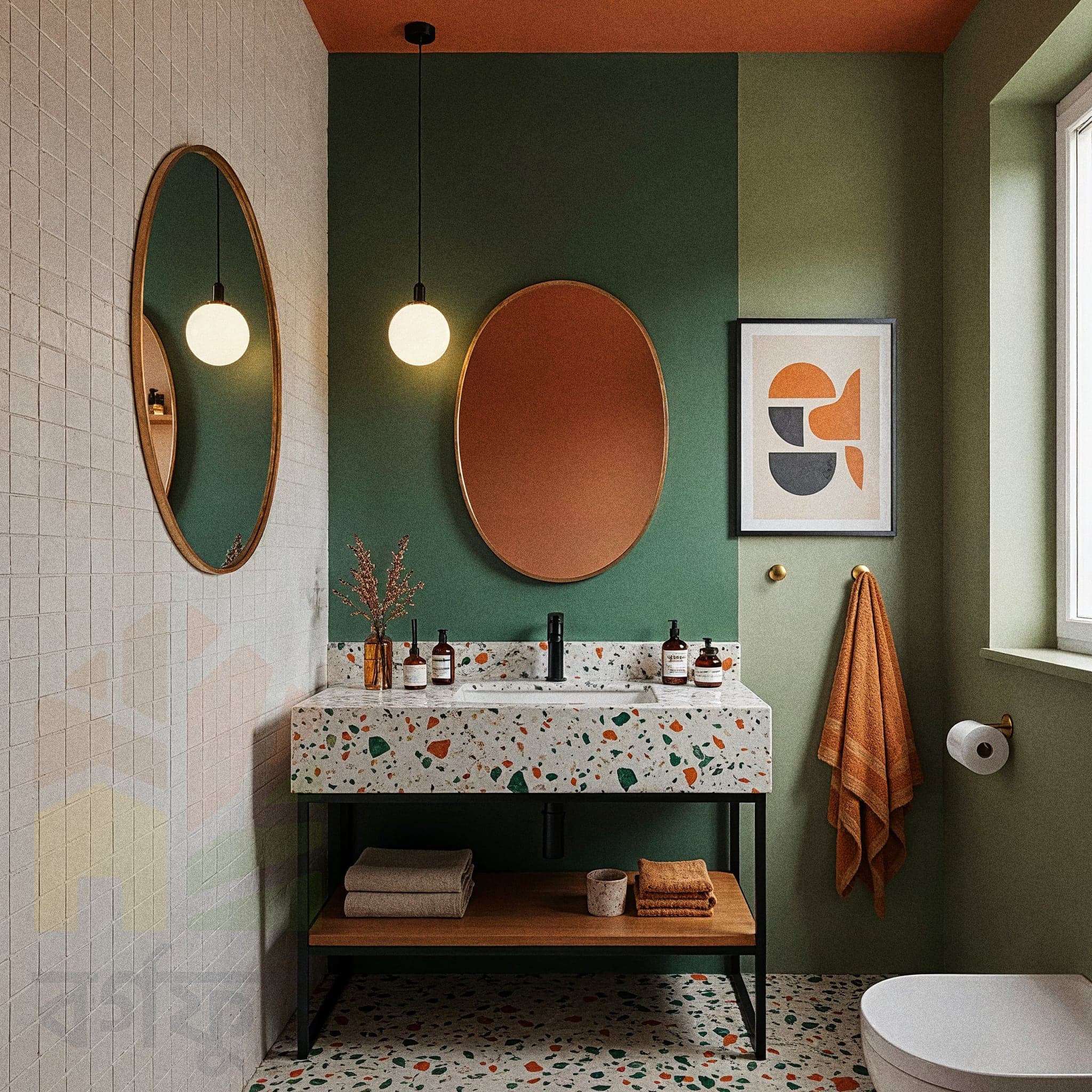 A lively bathroom with white walls and green square tiles on the lower half. The floor is light-colored terrazzo with black specks. A white pedestal sink is centered on the wall. Two spherical orange pendant lights hang on either side of an oval mirror. Several potted and hanging green plants are arranged on a wooden shelf and around the room, adding a fresh feel.